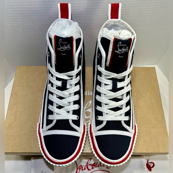 NEW 2024! CHRISTIAN LOUBOUTIN PEDRO FLAT HIGHTOP SNEAKERS MARINE RED WHITE 44 - Picture 3 of 15